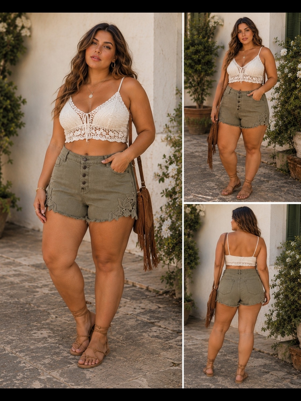 Mossimo High Rise Floral Lace Hem Shorts – Size 14/32 – Boho Olive Green